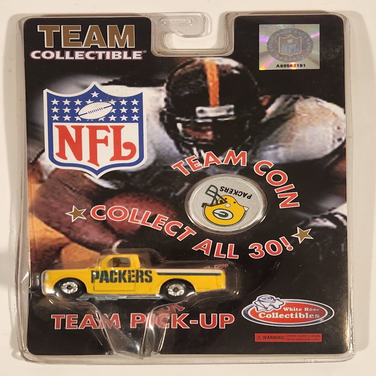 1998 White Rose Collectibles NFL Team Collectibles Green Bay Packers Pickup Truck Yellow Die Cast Toy Car Vehicle with Team Coin New in Package