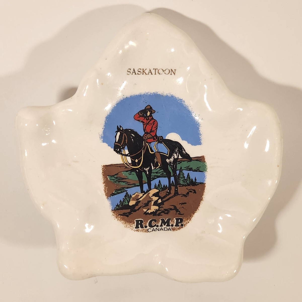 Vintage RCMP Royal Canadian Mounted Police Saskatoon Canada White Maple Leaf Design 5" x 5" Ceramic Ashtray
