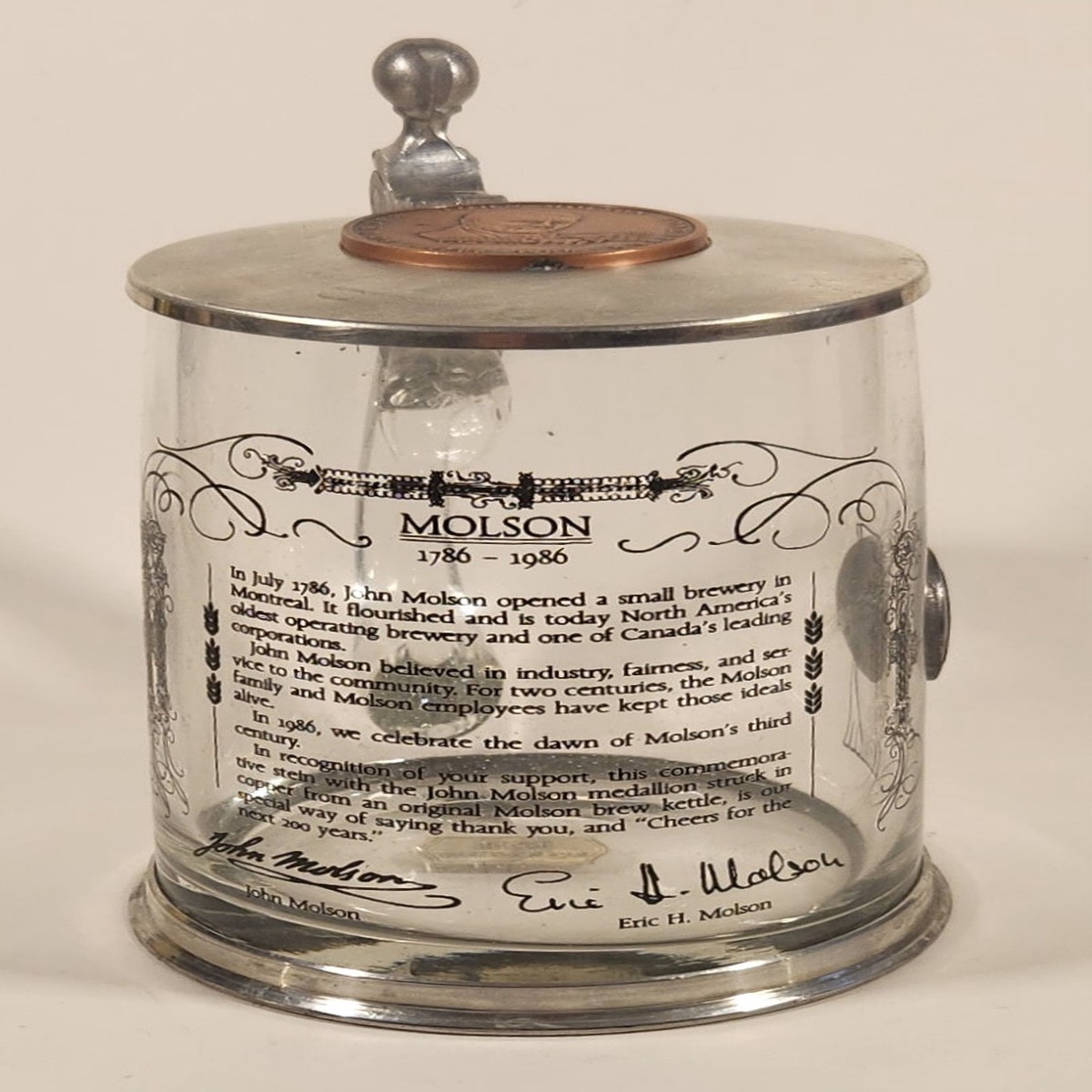 Rare Rastal Molson 1786-1986 200th Annivesary Founder John Molson Clear Glass Beer Mug with Metal Lid