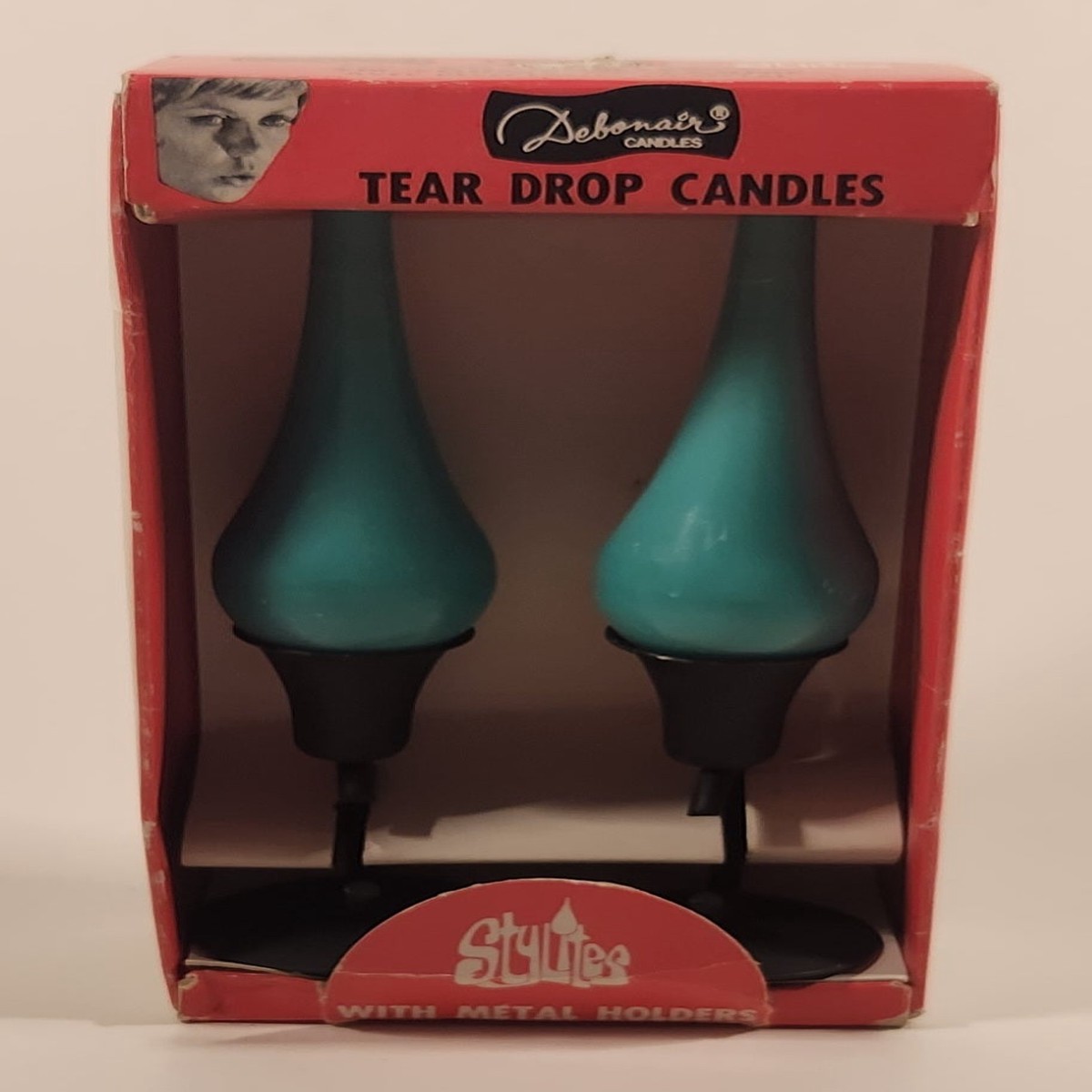 Rare Vintage 1960s Debonair Candles Stylites Tear Drop Candle with Metal Holder New in Box