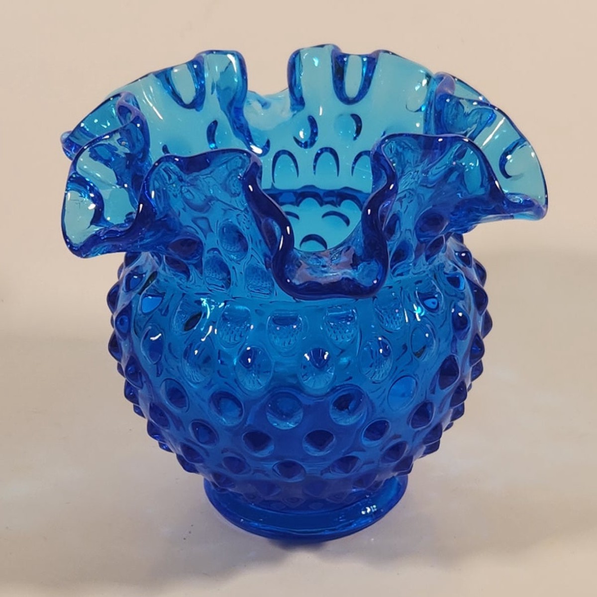Vintage Fenton Ruffled Edge Hobnail Blue Uranium Glass Flower Vase