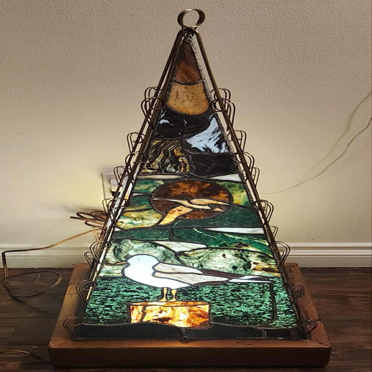 Large 39" Custom Handmade Seagulls Nautical Ocean Seascape Leaded Slag Glass Pyramidal Lamp