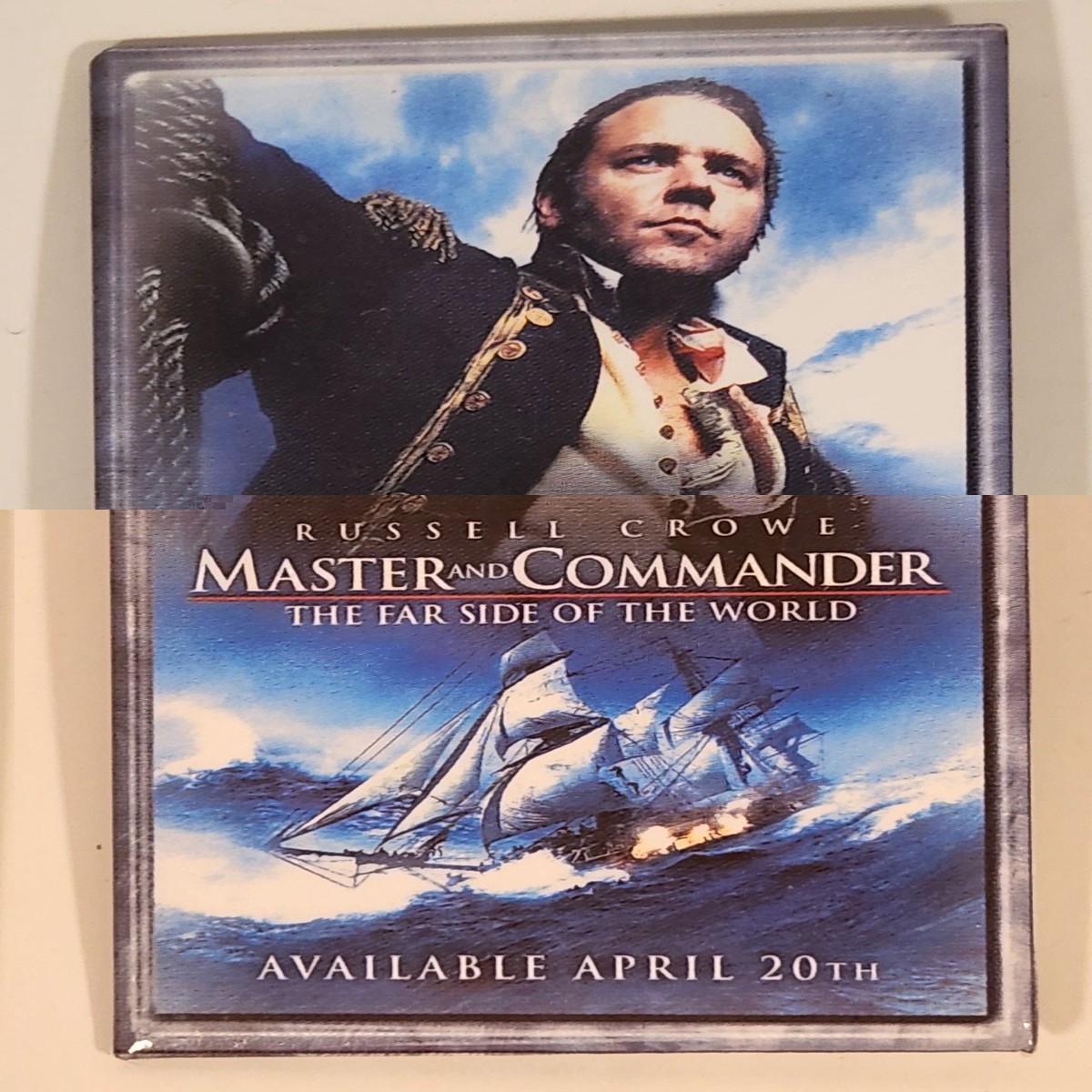 2004 Twentieth Century Fox and Universal Studios Russell Crowe Master And Commander The Far Side Of The World Available April 20th Movie 2" x 3" Promotional Pin