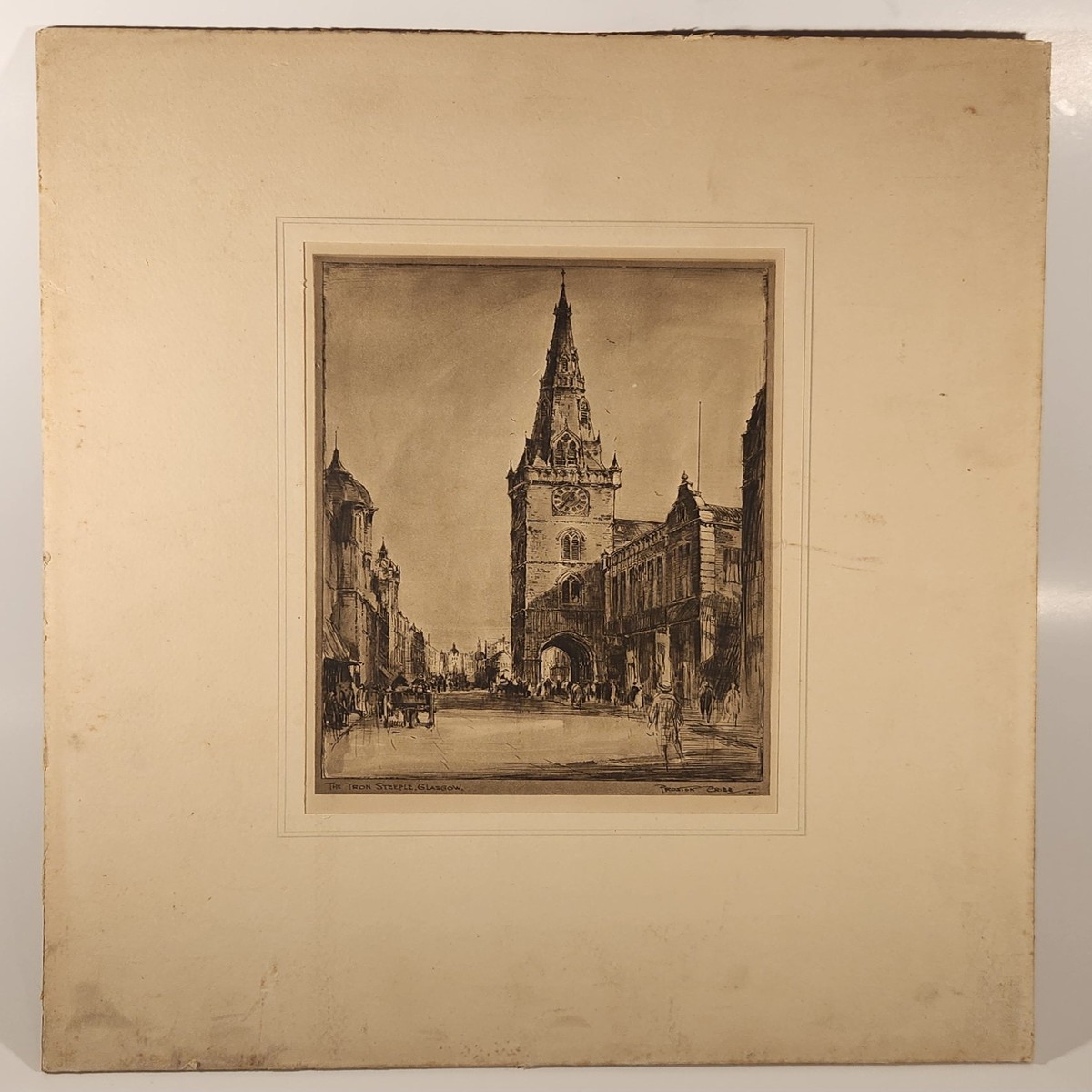 Antique Preston Cribb The Tron Steeple Glasgow 5 1/2" x 8 1/4" Etched Lithograph On Backing