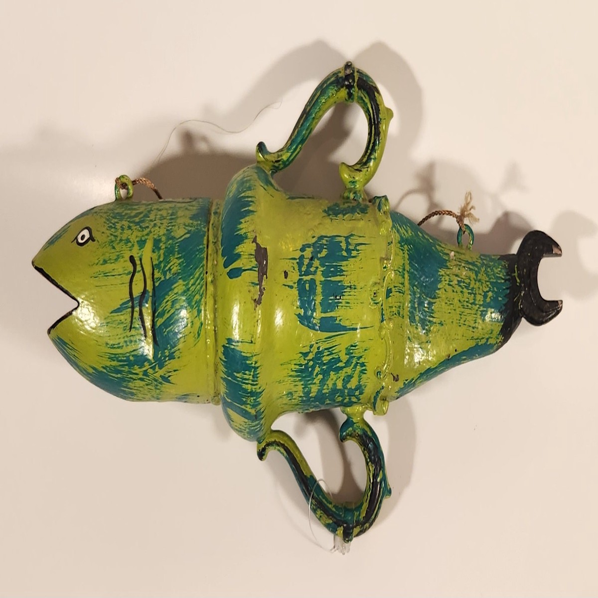 Kerras Jeffery of P.E.I. Folk Art Hand Painted Vase Shaped Eastern White Cedar Wood Fish Carving with Wrench Tail