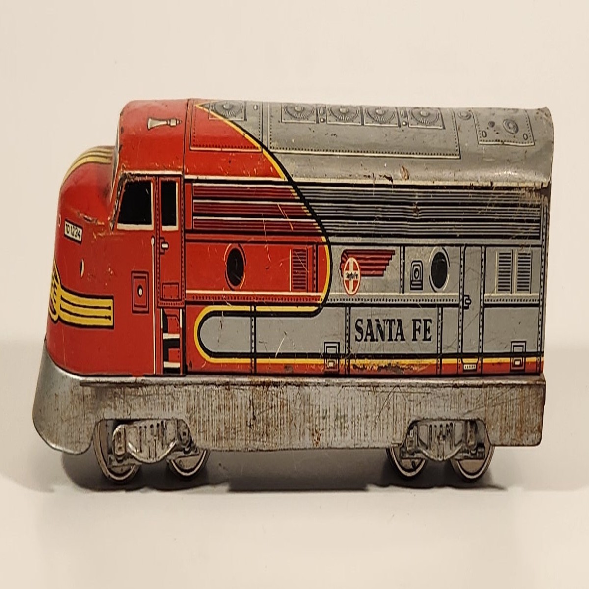 Vintage Distler Western Germany Santa Fe TD 1234 Train Engine Locomotive Red Silver Tin Toy Train Car Vehicle