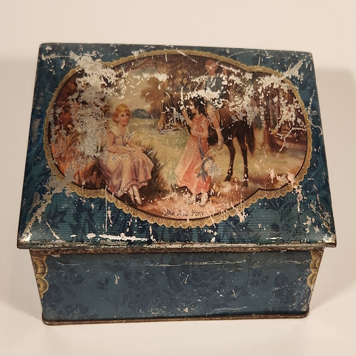 Vintage Peek Frean's Chocolate Table Biscuits "The New Pony" Young Children with Pony Horse Tin Metal Container