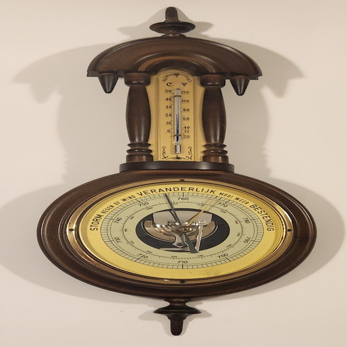 Vintage Barigo Style Dutch Ornate Spire Top Wood Cased Wall Thermometer Barometer Weather Station Made in Germany