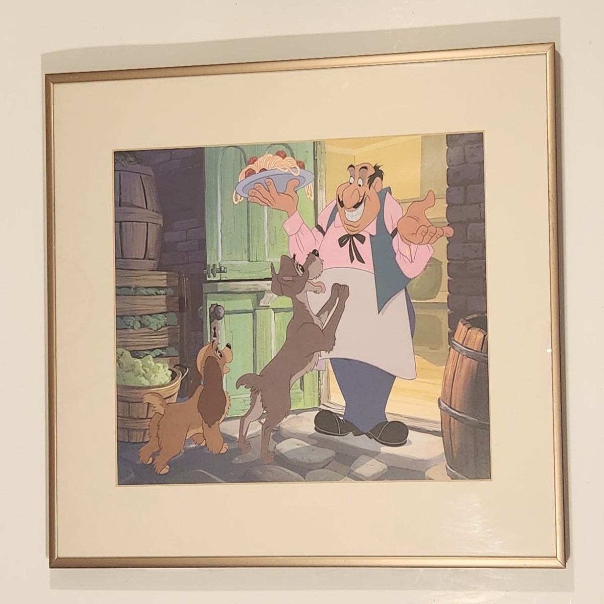 Disney Commemorative Lady and The Tramp with Tony Holding A Plate of Spaghetti Framed Lithograph