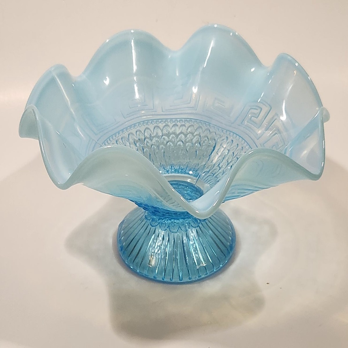 Antique 1910 Northwood Greek Key Meander Motif Ruffled Edge Opalescent Blue Art Glass Pedestal Candy Dish