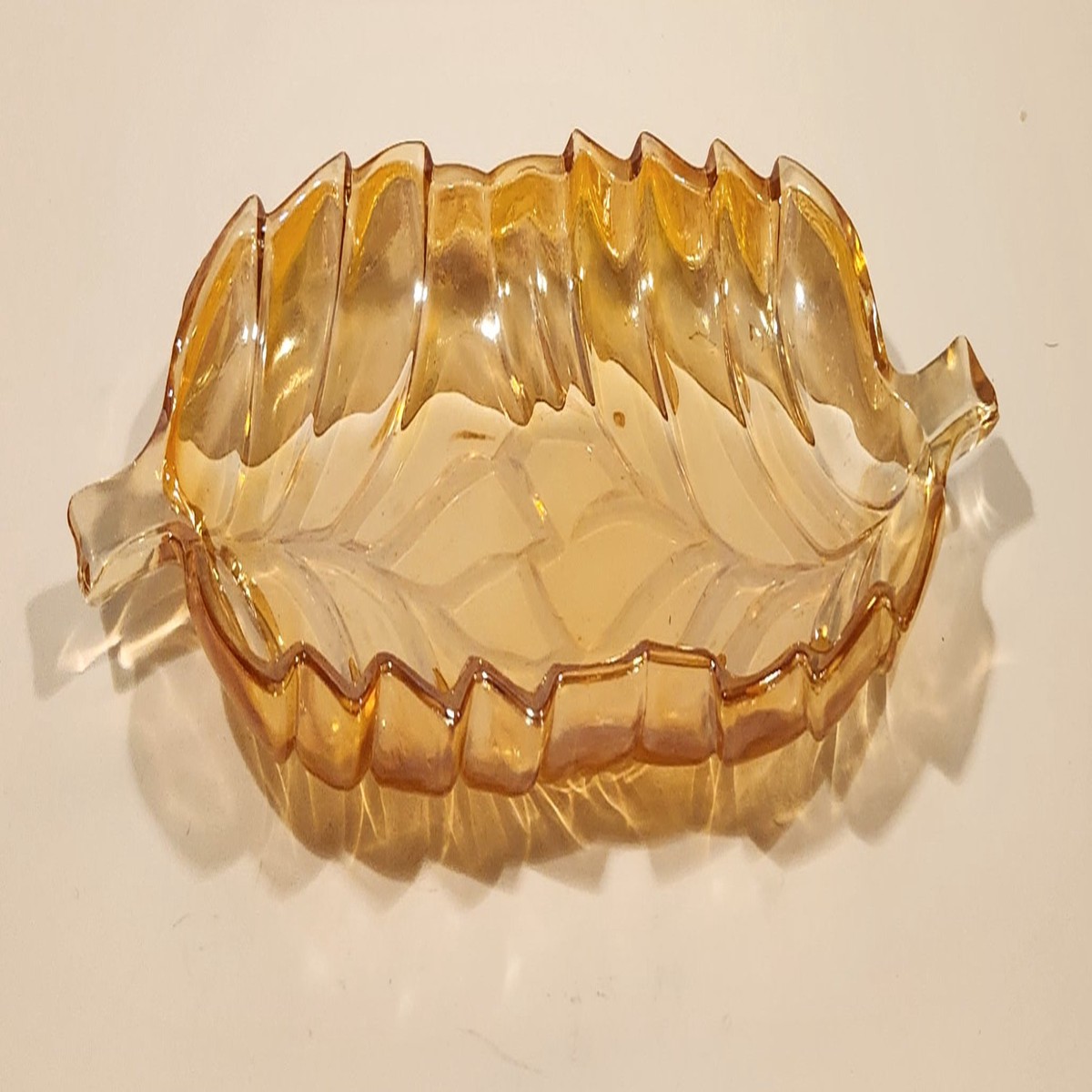 Vintage Carnival Glass Iridescent Marigold Peach Luster Leaf Shaped Candy Dish