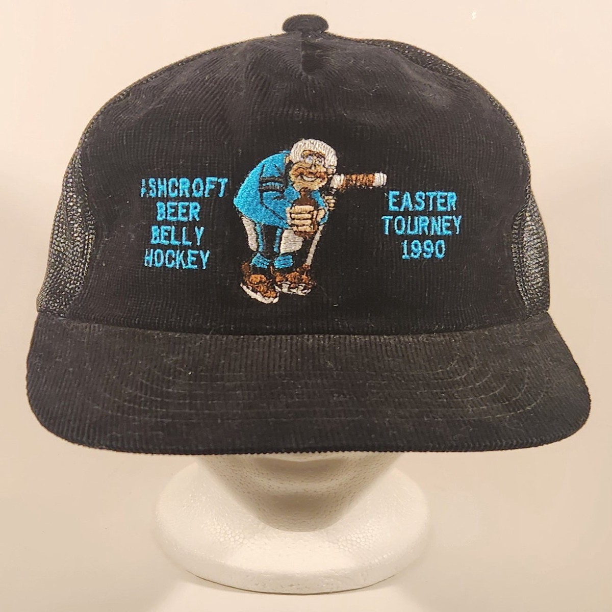 Ashcroft Beer Belly Hockey Easter Tourney 1990 Hockey Tournament Black Corduroy Snapback Mesh Trucker Cap Hat