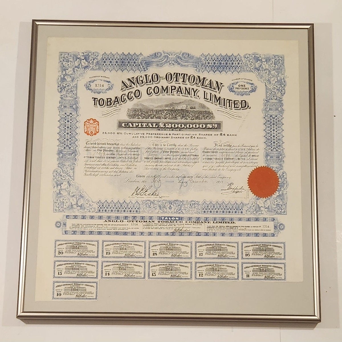 Antique 1913 Anglo-Ottoman Tobacco Company Limited Stock Certificates Bond Shares Framed Paper Sheet