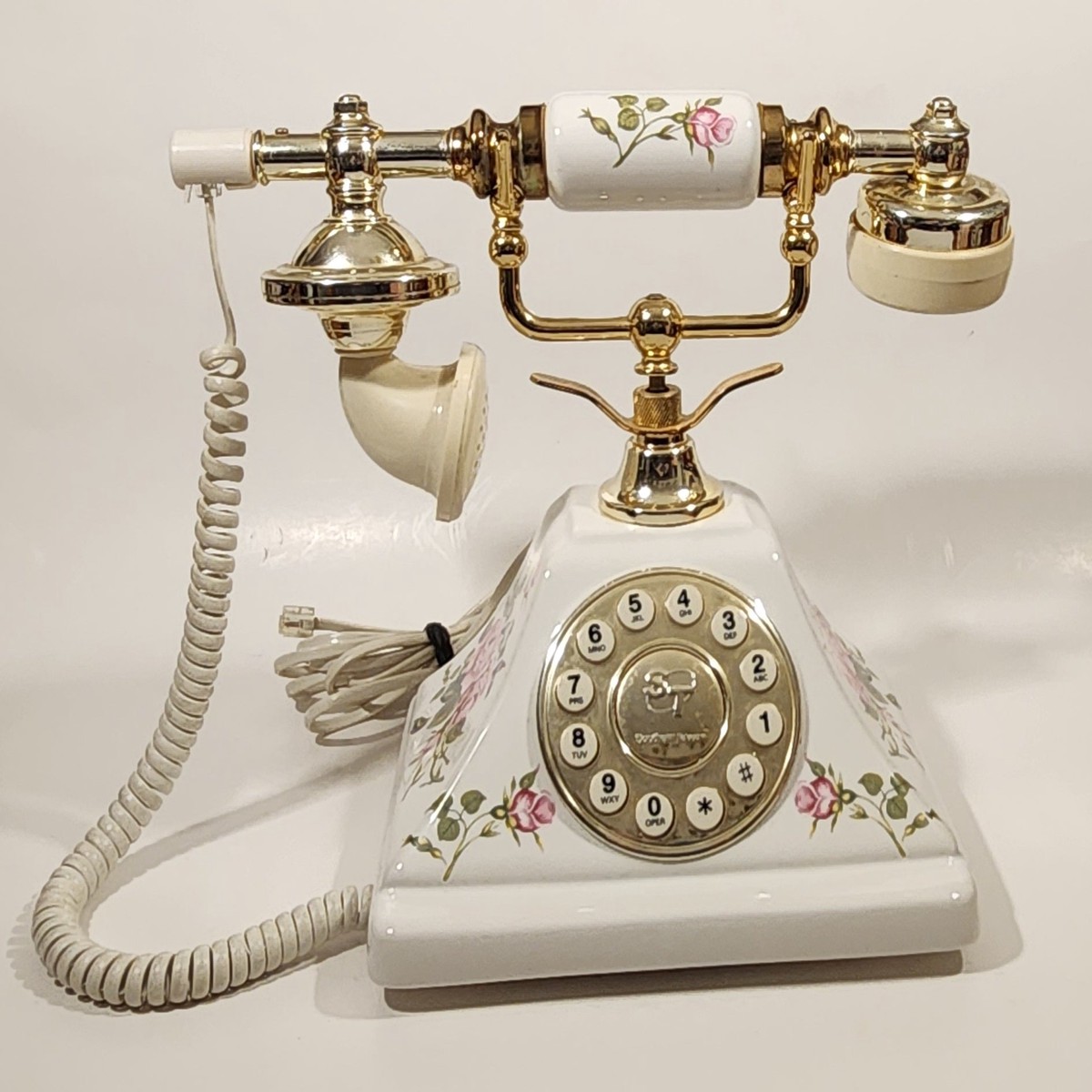 Vintage Southern Telecom Pink and Red Flower Decor Ceramic Rotary Style Push Button Telephone
