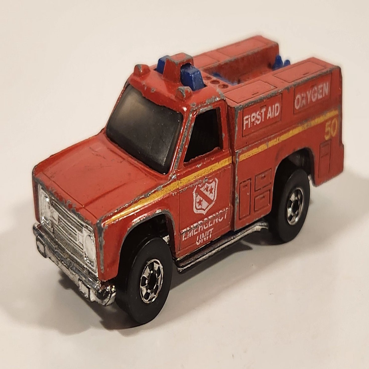 1978 Hot Wheels Emergency Squad Rescue Ranger Red Fire Truck Die Cast Toy Car Vehicle - BW - Blue Lights - Hong Kong