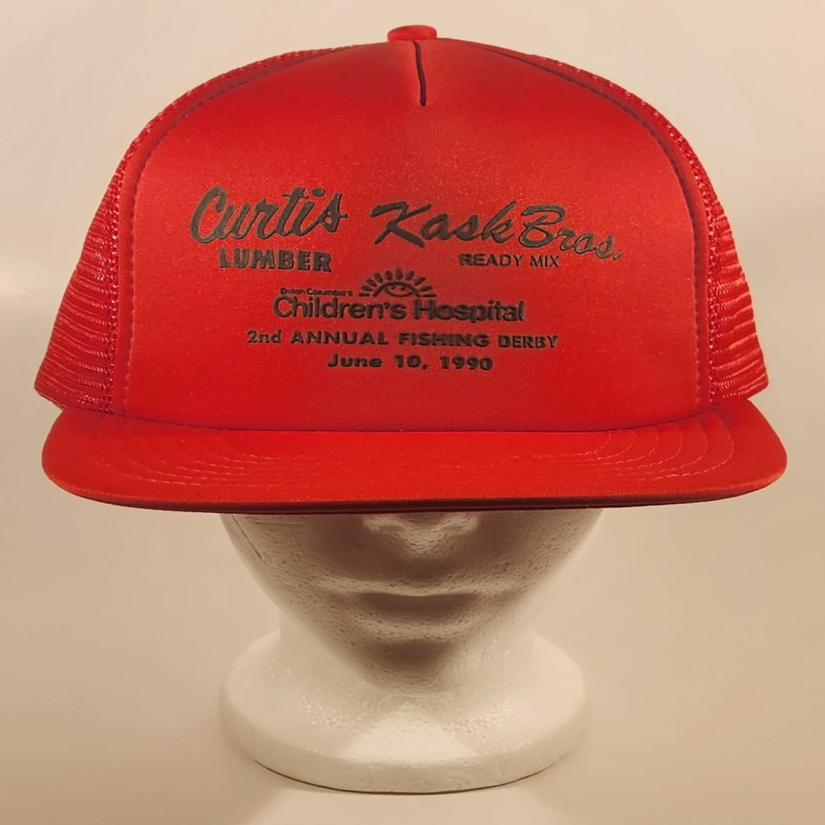 Vintage British Columbia Children's Hospital 2nd Annual Fishing Derby June 10, 1990 Curtis Lumber Kask Bros. Ready Mix Red Snapback Mesh Trucker Cap Hat