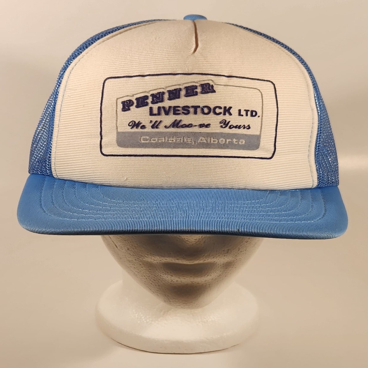 Vintage Penner Livestock Ltd. We'll Moo-ve Yours Coaldale, Alberta Light Blue and White Snapback Mesh Trucker Cap Hat