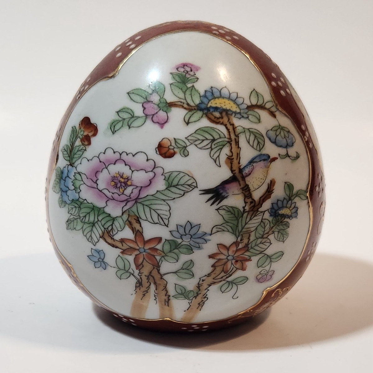 Hand Painted Flowers Birds Nature Scenery 4 1/4" Tall Porcelain Egg Ornament