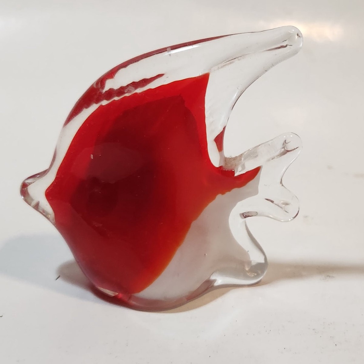 Vintage Murano Style Clear Red White Tropical Fish Angelfish 3 1/4" Tall Art Glass Ornament