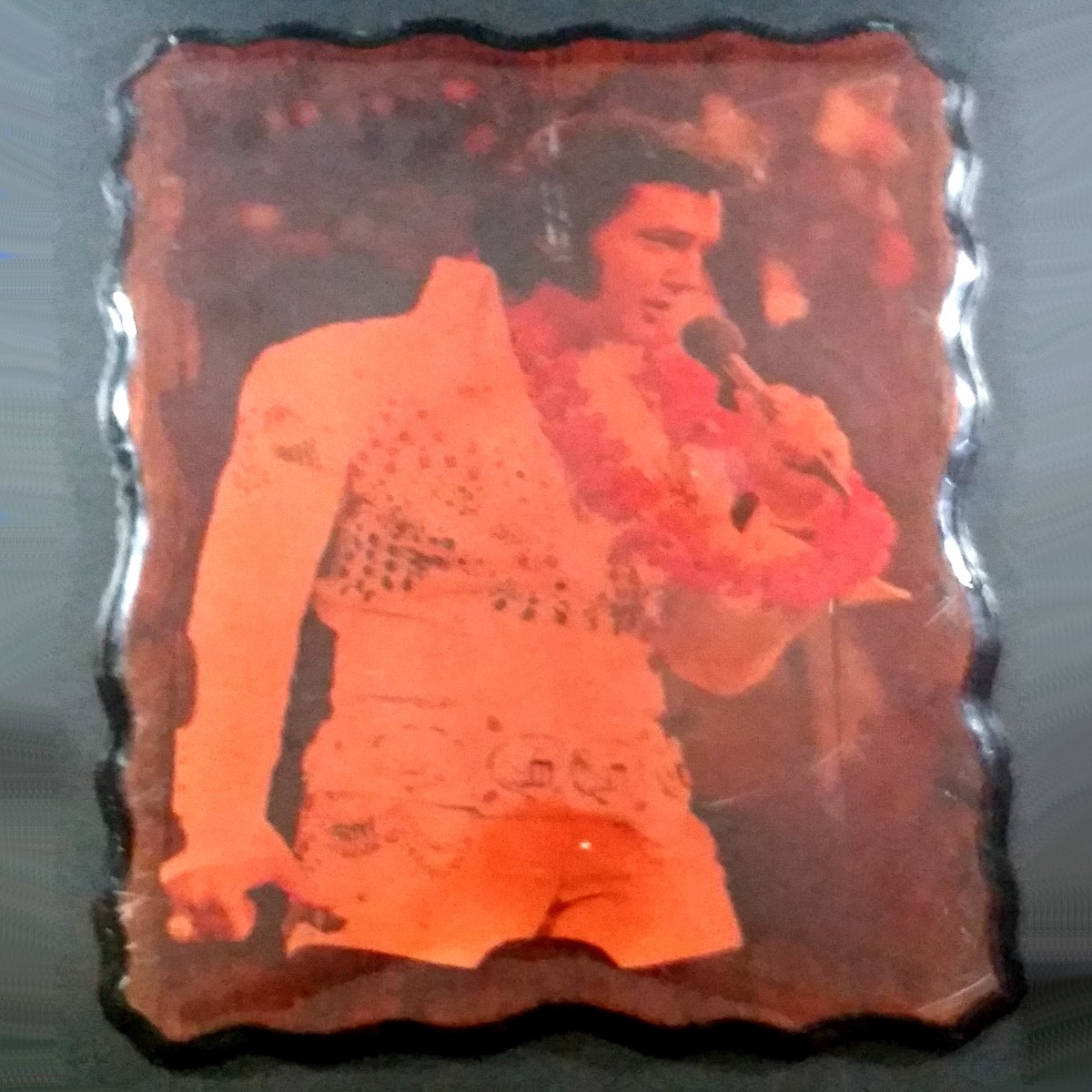 Vintage The King of Rock & Roll Elvis Presley Performing with Hawaiian Leis Lacquered 22" x 15" Burl Wood Plaque