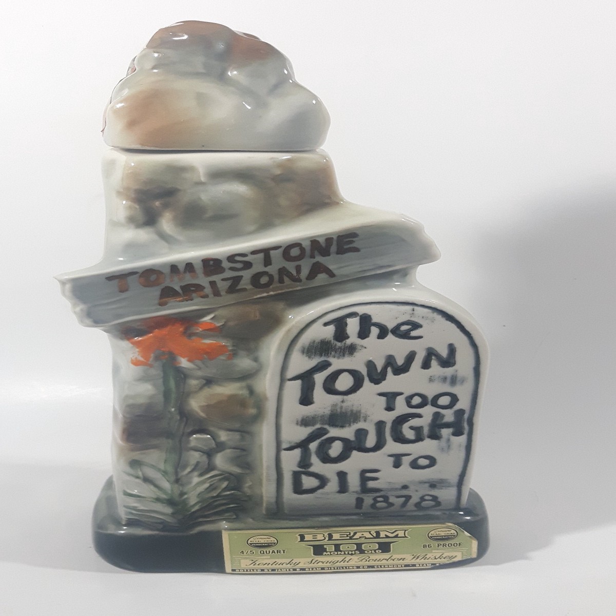 Vintage 1970 Jim Beam Kentucky Whisky Tombstone Arizona The Town Too Tough To Die 1878 11 3/4" Tall Ceramic Decanter Bottle