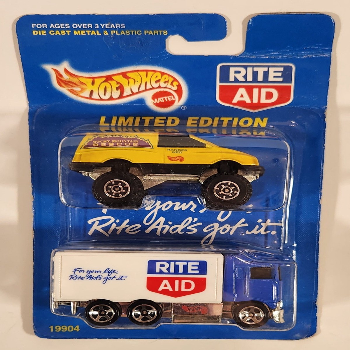 1998 Hot Wheels Rite Aid Limited Edition Blue Hiway Hauler and Yellow Tall Ryder Die Cast Toy Car Vehicles New in Package