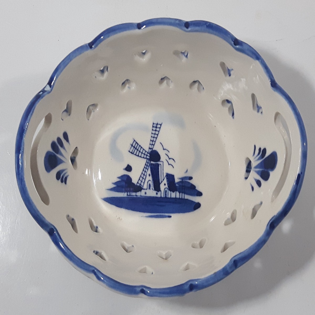 Beautiful Vintage Delft Blue Hand Painted Holland Windmill Scene With Heart Holes Double Handled Porcelain Basket