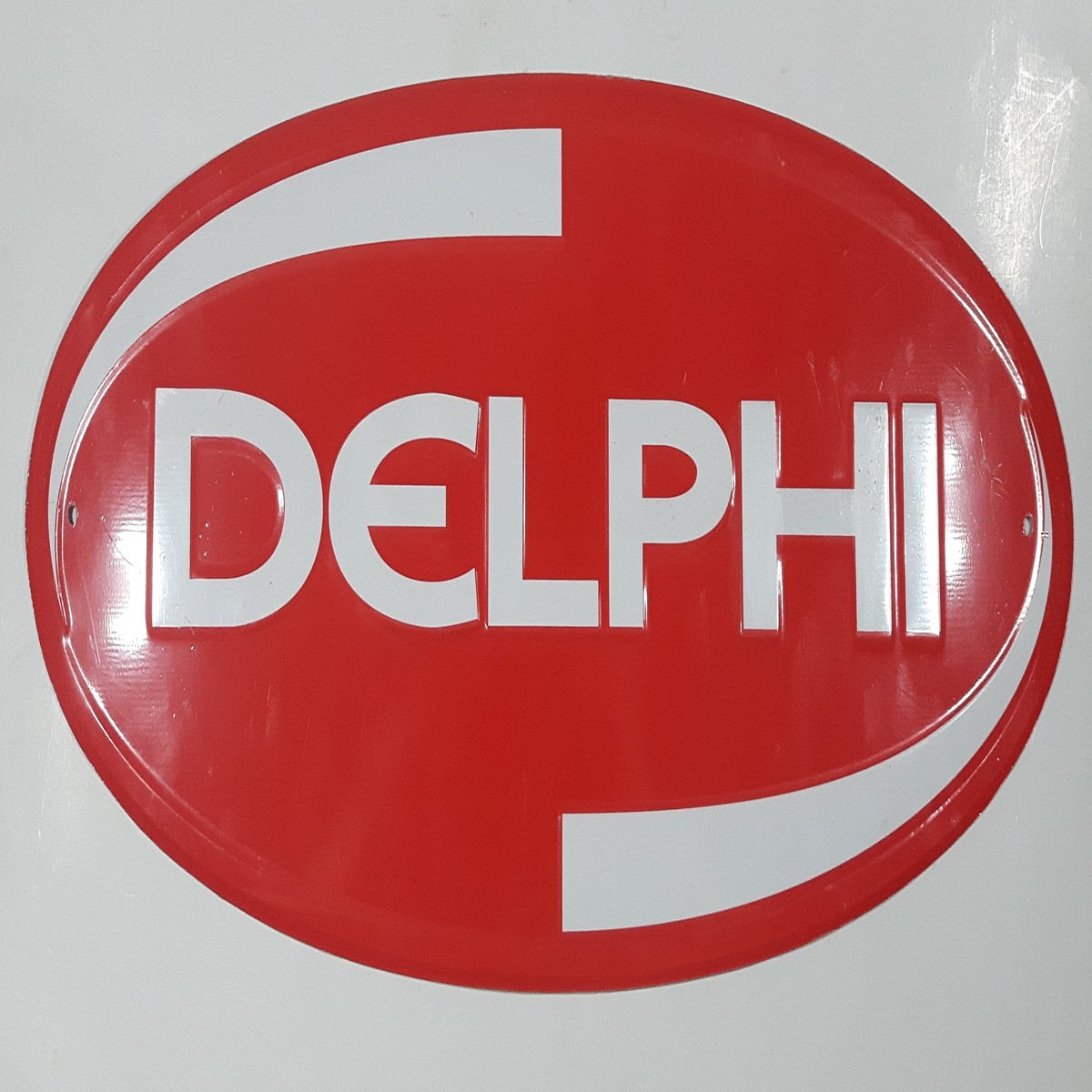 Delphi Technology Automotive Parts Embossed Oval Shaped Red Tin Metal Sign 9" x 24" GM Racing