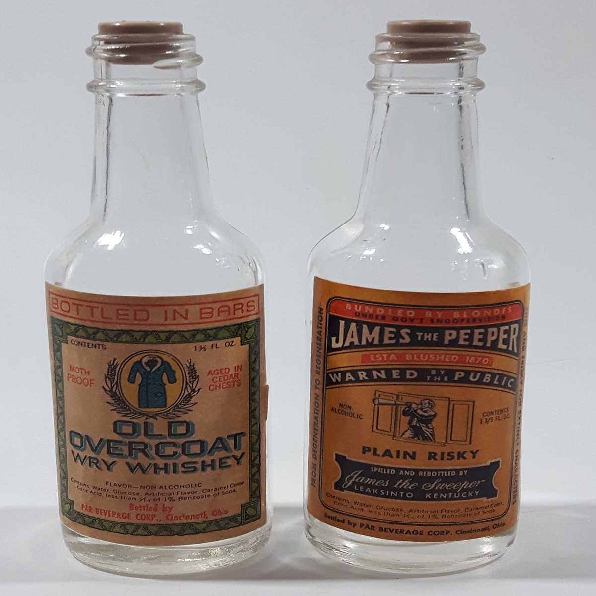 Rare 1950s James The Peeper and Old Overcoat Wry Whiskey GAG Non-alcoholic Paper Label Miniature Glass Liquor Bottles Salt and Pepper Shakers