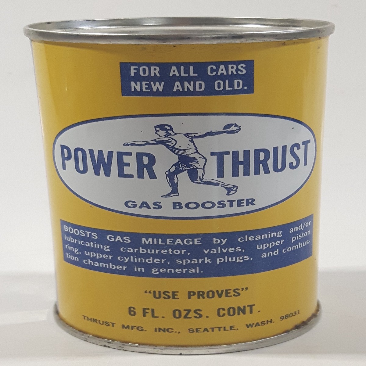 Vintage Power Thrust Gas Booster Use Proves Yellow 6 Fl. Ozs. 6 1/8" Metal Canister Still Full