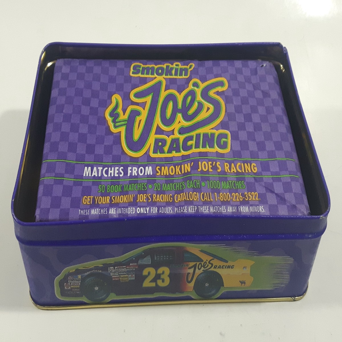 1994 Camel Smokin Joe's Cigarettes Smokes Nascar Racing Match Packs Hinged Tin Metal Container Tobacco Collectible - With Sealed Never Opened Matches NO LID