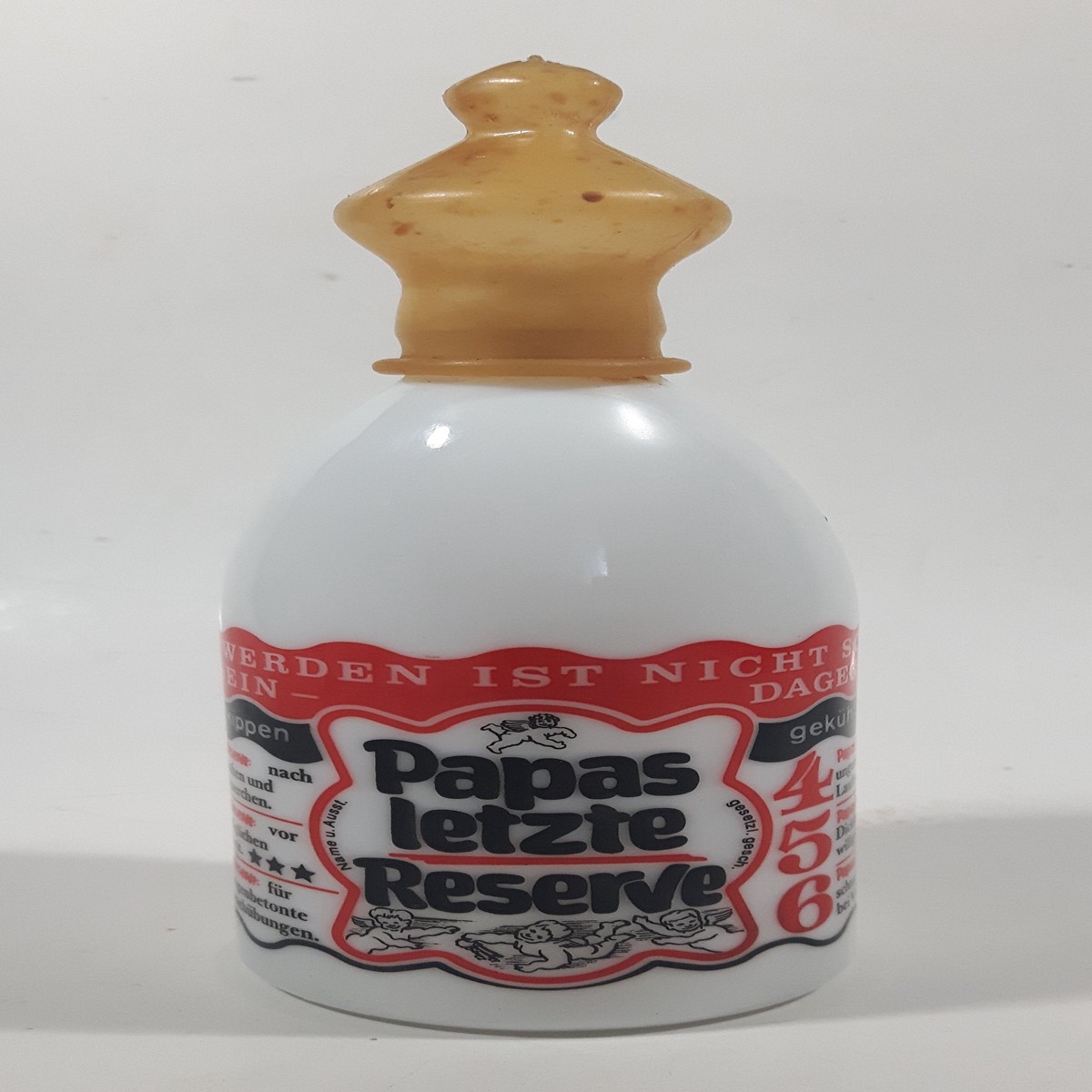 Vintage Papas Letzte Reserve 6" Tall White Milk Glass Liquor Bottle with Nipple