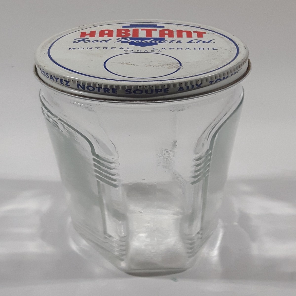 Rare Vintage Habitant Food Products Ltd Montre Laprairie Canada Tomato Soup 6 1/4" Tall 16 Fl Oz Embossed Glass Jar with Lid