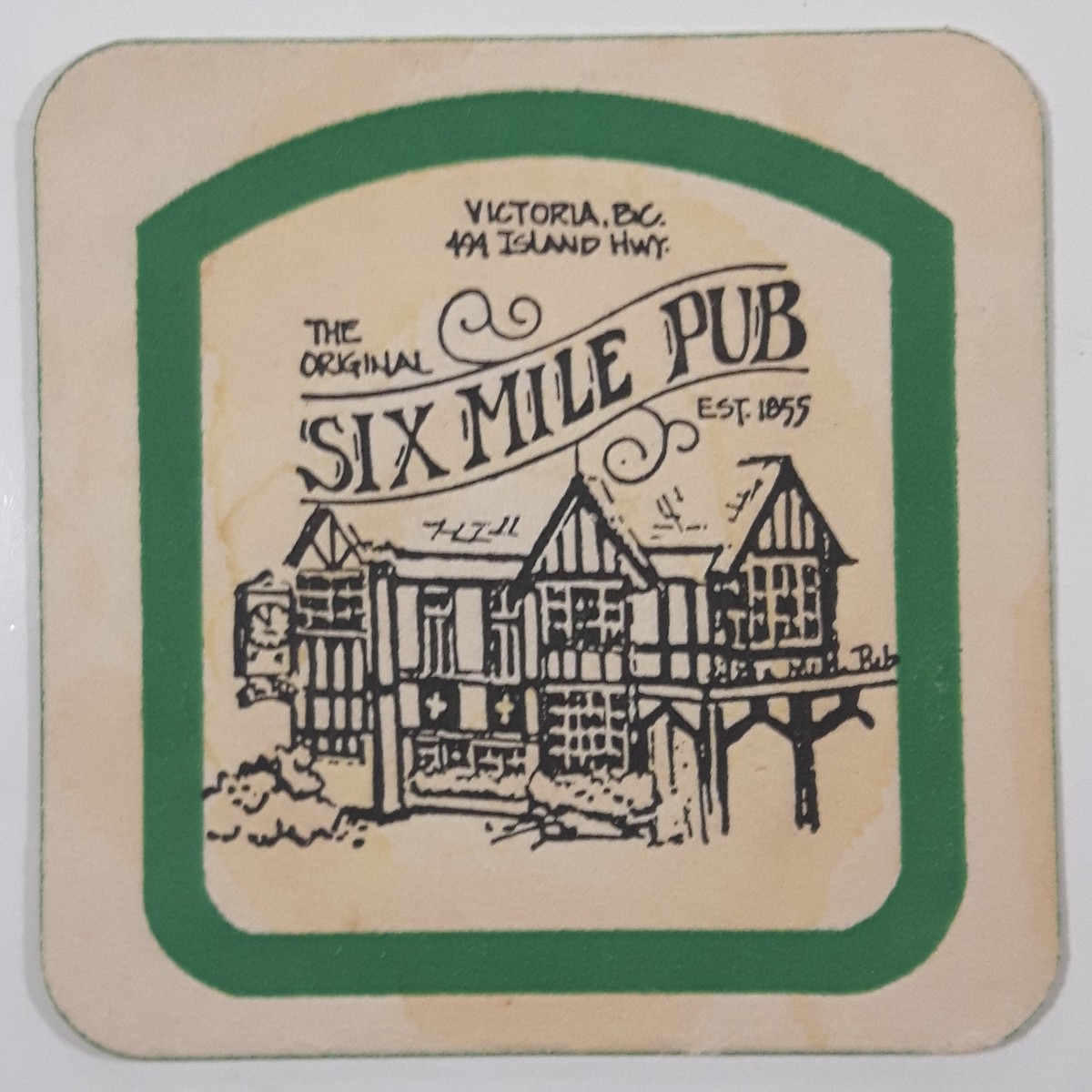 The Original Six Mile Bue Est. 1855 Victoria B.C. 494 Island Hwy 3 1/2" x 3 1/2" Paper Beverage Coaster
