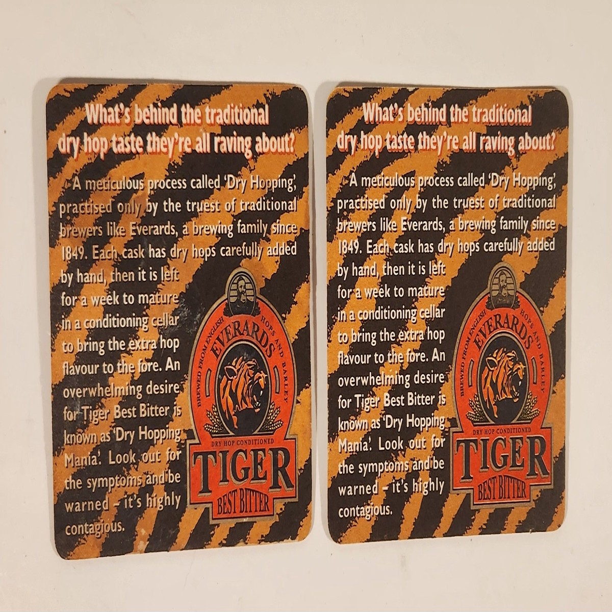 Everards Tiger Best Bitter Beer Dry Hopping Mania The Telltale Signs No. 2 and No. 4 Paper Coasters Set of 2