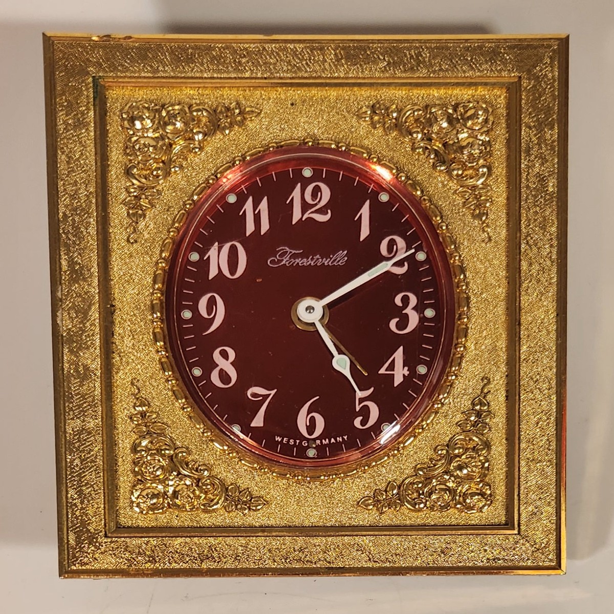 Vintage Forestville Red Background 3 1/2" x 4 1/4" Brass Desk Clock Made in West Germany