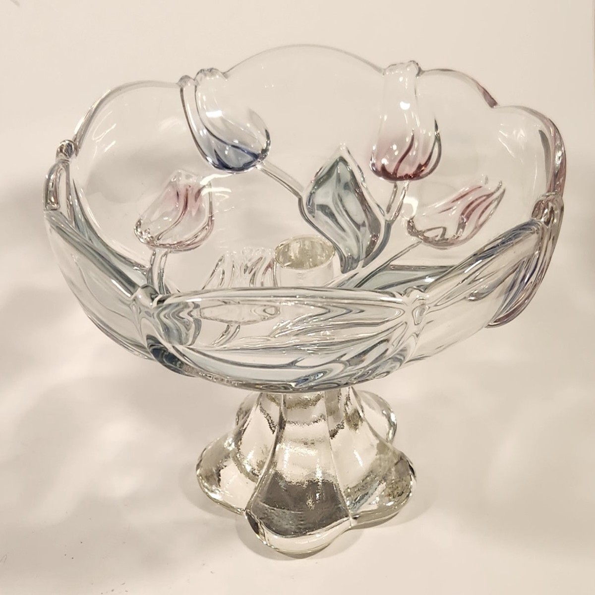 Vintage Walther Glas Original Mikasa Blue Yellow Pink Tulip Pattern Embossed Glass Pedestal Candy Dish Made in Germany