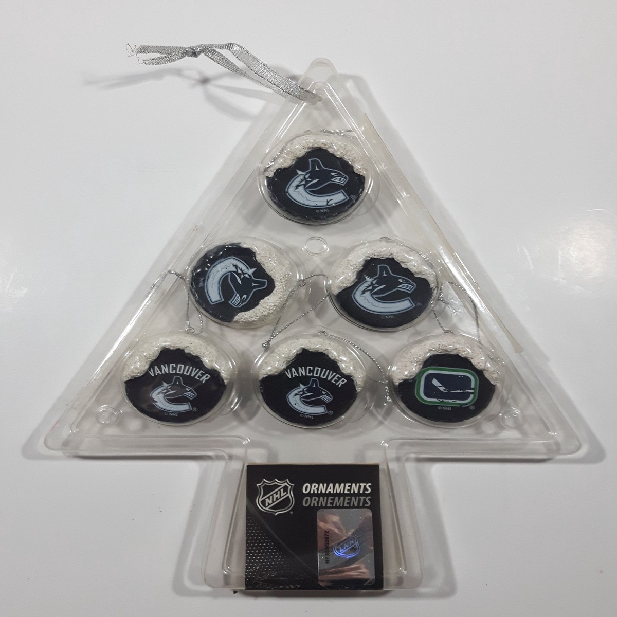 NHL Set of 6 Vancouver Canucks Snow Covered Ice Hockey Puck Shaped Christmas Tree Ornaments in Package