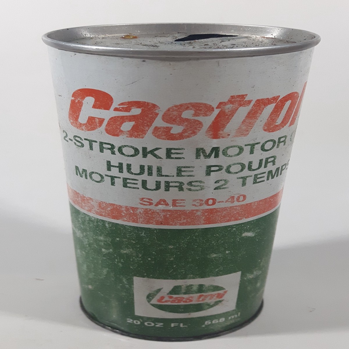 Vintage Castrol 2-Stroke Motor Oil SAE 30-40 20 Oz Fl 568 ml 7 1/4" Tall Metal Can