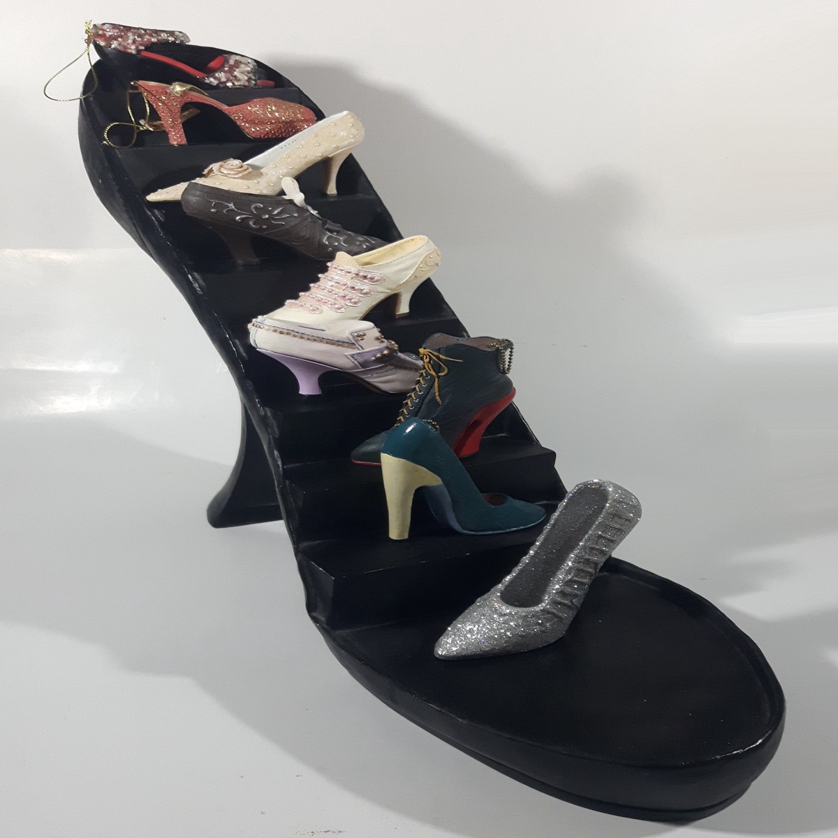 Raines Black High Heel Stiletto Shoe Shaped Wood Display Stand with 10 Different Decorative Shoe Ornaments